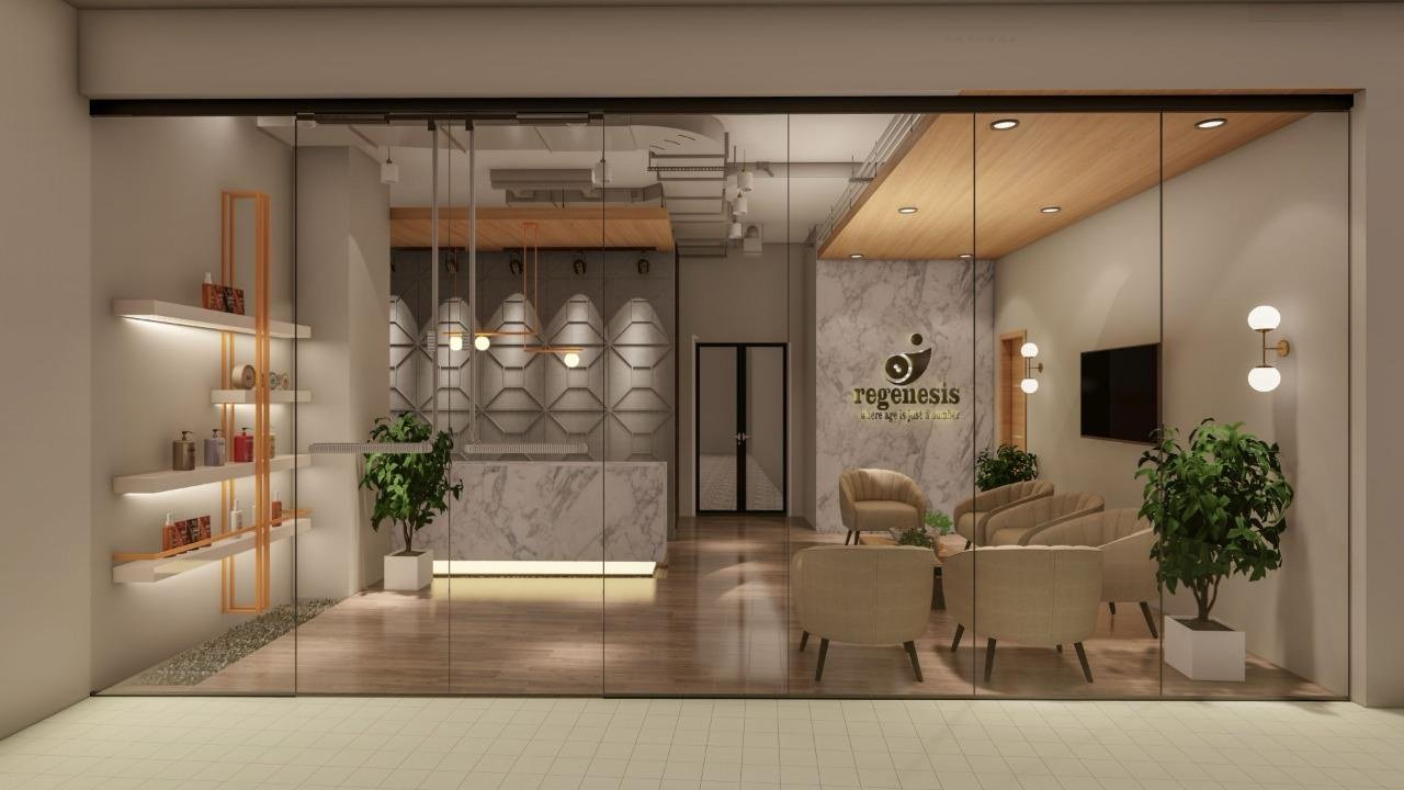 Client-supplied interior visualisation with illuminated shelving and warm wood finishes